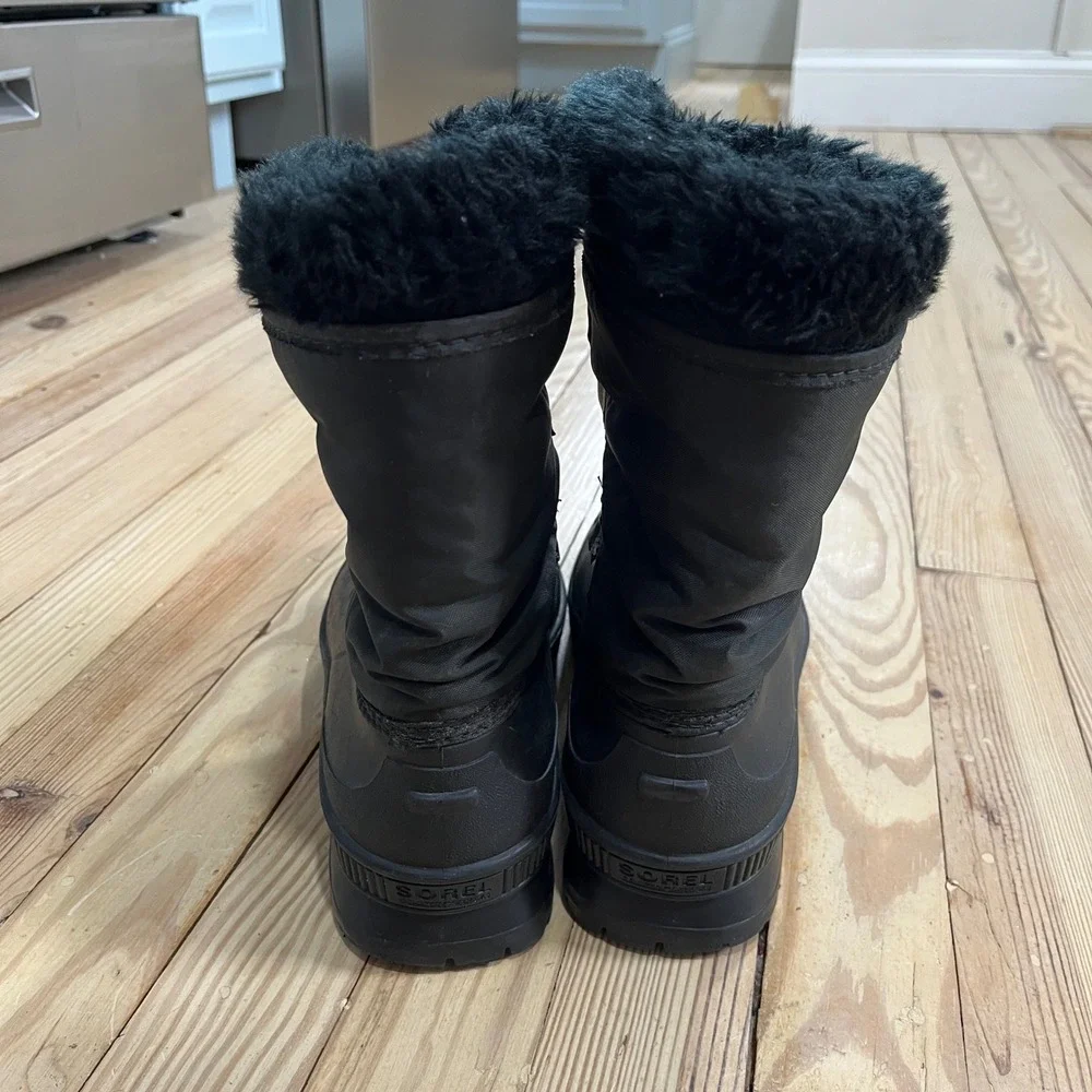 Sorel Black Winter Snow Boots Mid-Calf Faux Fur Trim Lace Up Insulated Womens 10